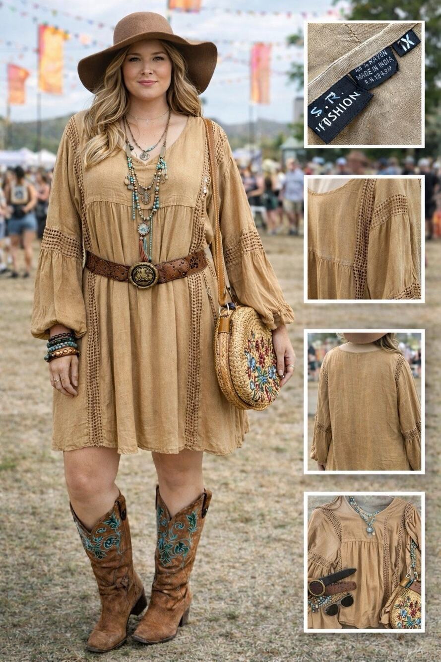 S.R. Fashion Mustard Gold Dress Boho Cruise Resort Vacation Festival